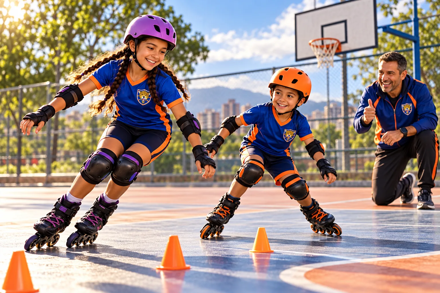 Dos hermanos patinan y practican un giro en una cancha abierta