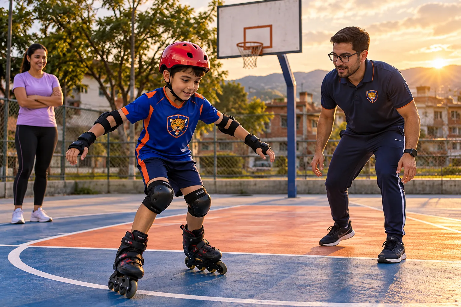 Profesor y grupo de niñas practican juntas una secuencia de patinaje en la cancha